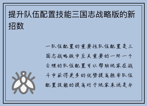 提升队伍配置技能三国志战略版的新招数